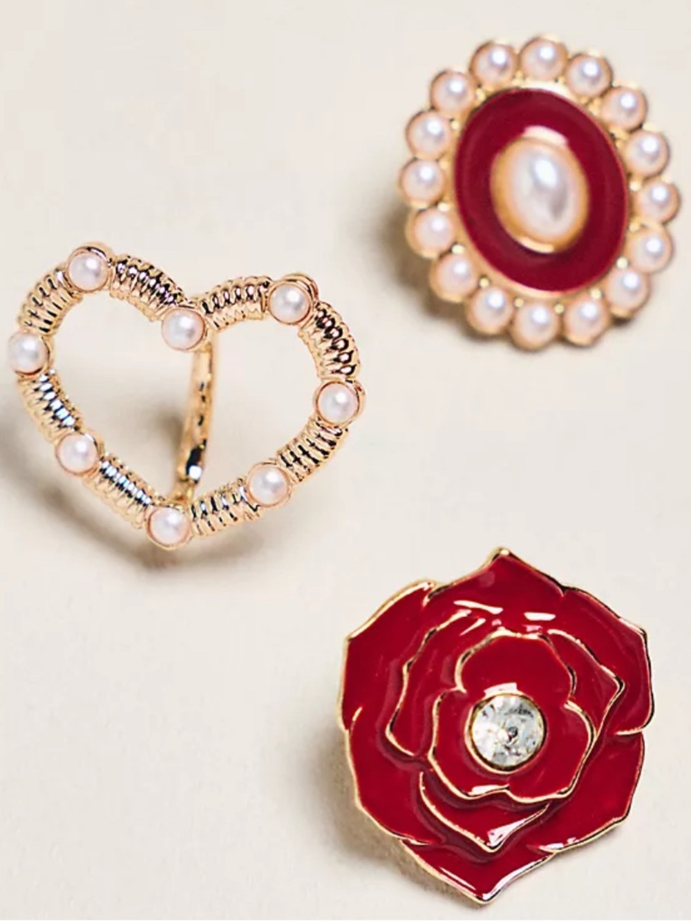 Anthropologie Gold, Pearl & Red Floral Brooch Trio